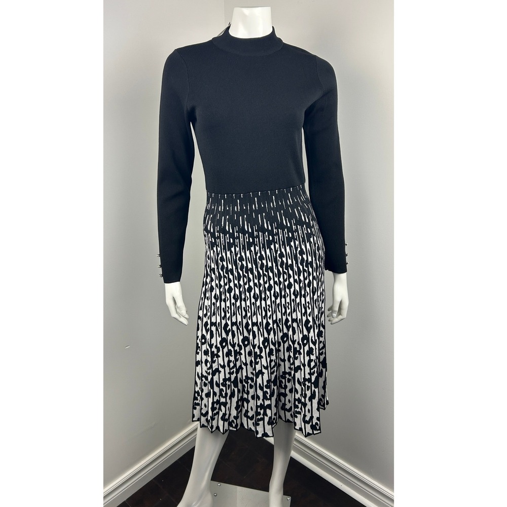 Lipsy London Knit Midi Dress Long‎ Sleeve Stretch Pleated Fit & Flare Work US 8
